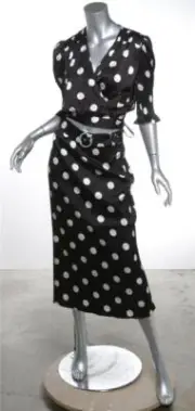 ART DEALER Polka-Dot Wrap Blouse Top XS Jeweled Belted Long Midi Skirt M Set NEW