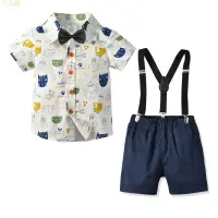 在飛比找樂天市場購物網優惠-歐美童裝 男童 夏季兒童卡通套裝 男寶寶可愛印花短袖襯衫揹帶