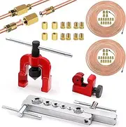 Tnisesm 3/16 & 1/4 Copper Coated Brake Line Kit 25 ft + Copper Aluminum Brake Line Double & Single Flaring Tool Kit,Consisting of 4 Unions Brake Line Fittings and 44 Fittings,45 Degrees, Red