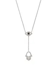 Sapphire and Diamond Evil Eye Hamsa Y Necklace in 14K White Gold, 16