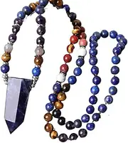 [HXSCOO] Natural Sodalite Stone Point Pendant 8mm Amethysts Quartz Tiger Eye Lapis Round Beads Knotted Handmade Necklace Mala Jewelry