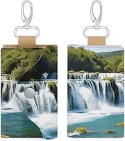 [Dwrepo] Waterfalls on Krka River Leather Key Case Key Holder Keychain Card Holder with 6 Hooks Wallet Pouch for Men Women, White