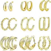 [Sanfenly] 9 Pairs Chunky Gold Hoop Earrings for Women Girls 14K Gold Plated Hoop Earrings Set Hypoallergenic Lightweight Thick Open Hoop Earrings Gold Twisted Huggies Hoop Earrings Jewelry Gifts