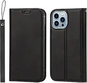 for iPhone 13 Pro Max Case (6.7"),Cavor Folio Flip Leather Wallet Phone Case Stand Card Holder Magnetic Closure Clear TPU Bumper Slim Thin Cover Case with Wristlet Strap- Black