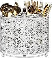 YIUKEA Rotating Utensil Caddy Holder - Higher Raised Cutlery Caddy Countertop - Metal Silverware Caddy Organizer with 4 Compartment for Kitchen Counter Party Office white