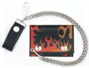 GENUINE LEATHER FLAMES TRI-FOLD MEN'S WALLET W SNAP ON CHAIN folding 549 FLAMING