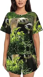 [JEJEA] Wildlife Ferret print 2 Piece Womens Pajama Set With Pockets Ladies Pjs Summer Sleepwear Set Round Neck Short Sleeve