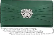 [Mulian LilY] Evening Bags For Women Pleated Satin Rhinestone Brooch Prom Clutch Purse With Detachable Chain Strap