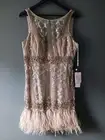 NWT SUE WONG Champagne Beaded Sequin Feather Party Dress Size 14 Gatsby Nocturne