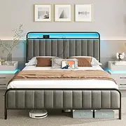 Rolanstar Queen Size Bed Frame with LED Light and Charging Station, Upholstered Headboard and Footboard, Metal Slat, Noise Free, Easy Assembly, Dark Gray
