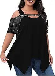 [Generic] Women's Cold Shoulder Tunic Tops Plus Size Sparkly Shirts Tops Hide Belly Summer Blouses Flowy Short Sleeve Tshirts Tees