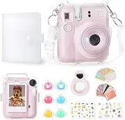Rieibi Accessories for Fujifilm Instax Mini 12, Gift Bundle Includes Clear Instax Mini 12 Case with Strap, Mini Photo Album, Selfie Mirror, DIY Stickers, Color Filter (No Camera) - Pink