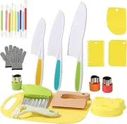 Abizarch 25Pcs Kids Cooking Cutter Set Safe Wood Toddler Cutter Set with Dough Cutters Paring Cutter Framing Pens Pie Molds Fruit Cutters Potato Cutter Chopping Board and Gloves for Kids Boys Girls