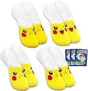 [Nintendo] Pokemon No Show Socks for Women - Bundle with 4 Pairs of Pikachu No Show Socks for Women Shoe Size 8-12 Plus Common Cards | Pokemon Pikachu Apparel for Adults, Teens, Multicolor, 8-12
