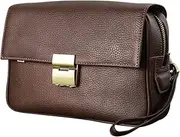 [FAOONNMY] Men's Genuine Leather Clutch Bag Handbag with Wrist Strap & Anti-Theft Combination Lock, Small Phone Wristlet Bag Long Wallet Large Capacity, Fashion Underarm Bag Phone Purse for Work Travel,