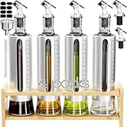 Oil Dispenser Bottle, 4 Pack Glass Olive Oil Dispenser Bottle with Shelf, 17oz/500 ml Oil and Vinegar Dispenser Set Wrapped in Stainless Steel Shell with Pourers, Funnel & Pen and Tags