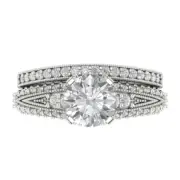 2.1 Round Cut Pave Real Moissanite Promise Bridal Ring Band set 14k White Gold