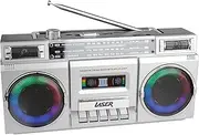 Laser 80s Party Bluetooth Boombox with Retro Style Speaker, RGB Lights, Rechargeable Battery 3000mAh, AM/FM SW Radio - Supports TWS Pairing, USB, MicroSD Playback - Silver