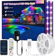IP67 30M RGB+IC Outdoor Led Strip Lights Waterproof Led Light Strips with RF Remote &Bluetooth Music Sync App Control,Color Changing LED Rope Lights,Completely Waterproof Continuous Outside Led Lights