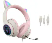 Gaming headset with cat ears and microphone, stereo, with flashing lights and multiple modes