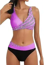 [Generic] Plus Size Bikinis Women's Summer Casual Bikini Split Print Swimsuit Plus Size Swimsuits for Women 4X (Purple-b, XXXL)