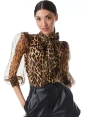 Alice + Olivia Brentley Leopard-Print Tie-Neck Blouse size L NWOT