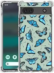 SuzaCase Clear Case for Google Pixel 6A 5G - Pixel 6A Case with Stylish Butterfly Blue Pattern Design Printed Durable Clear Shockproof Drop Protection Phone Back Case/Cover for Pixel 6A