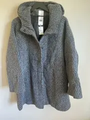 $738 Eileen Fisher Lofty Alpaca-Wool Hooded Chevron Coat Ash Grey L