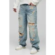 Mens Stonewash Relaxed Stacked Rigid Extreme Ripped Washed Denim Jeans
