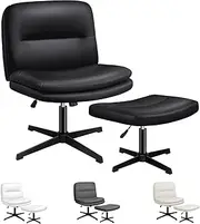 ALFORDSON Armless Criss-Cross Desk Chair with Ottoman Stool, Ergonomic Cross-Legged Office Chair with Mid-Back Design, Tilt & Height Adjust and Swivel, 180kg Max, Pax Black