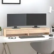 Wooden Monitor Stand with 2 Drawers, Computer Screen Riser Stand for Desktop, Modern Design, 100 x 27 x 15 cm, Solid Wood Pine