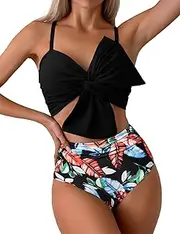 [Heersan] Women's Bikini Sets High Waist Two Piece Swimsuit V Neck Floral Pattern Tummy Control Swimwear Floral Pattern Swimsuit, Blue