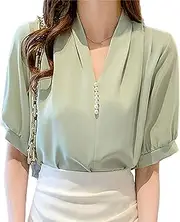 [Zylphorix] Women V-Neck Casual Chiffon Shirts Classic Short Sleeve Pullover Top Summer Cozy Loose Thin Professional Shirt