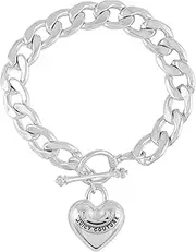 [Juicy Couture] Silvertone Heart Charm Toggle Bracelet, One Size, Metal, glass stone