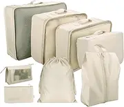 Neween 8 Set Packing Cubes, Travel Storage Bags Multifunctional Clothing Sorting Packages, Travel Packing Pouches, Luggage Organizer Pouch, Shoe Bags (Beige)
