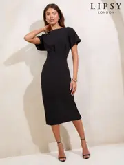 Lipsy Black Blouson Button Detail Bodycon Midi Dress (F45084) | $104