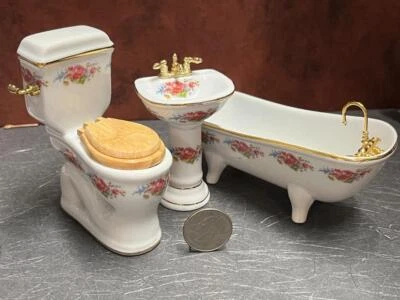 Dollhouse Miniature Bathroom Set Toilet Dresden Rose Reutter Porcelain 1:12 N231