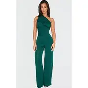 Petite Emerald Green One Shoulder Ruched Wide Leg Jumpsuit, Emerald Green