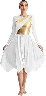 [Yhong] Women Metallic Praise Dance Dress Asymmetrical Worship Overlay Tunic Liturgical Dancewear