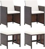 4 Piece Garden Chair and Stool Set Poly Rattan Brown Outdoor Furniture Patio Set