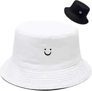 [Generic] Unisex Smiley Face Bucket Hat Beach Sun Hat Aesthetic Fishing Hat for Men Women Teens, Reversible Double-Side-Wear White, Black