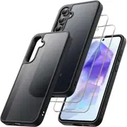 JETech 3 in 1 Matte Case for Samsung Galaxy A55 5G with 2-Pack Tempered Glass Screen Protector, Translucent Frosted Shockproof Phone Cover with Camera Protection Black