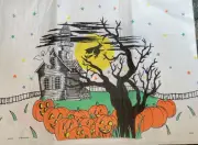 1 Vintage Halloween Flying Witches Pumpkins Crepe Paper Panel 13x16”in NOS
