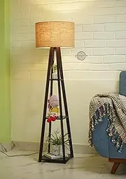 Premium Walnut Finish Floor Lamp with Three Levels Decorative Shelf (Walnut with Jute)