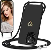 Eherui Mobile Phone Chain for iPhone 16 Pro, Case with Strap, Gold Heart Design, Thin Shockproof Protective Case with Removable Cord for Hanging, Liquid Silicone Case, Mobile Phone Case for iPhone 16