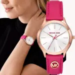 【MICHAEL KORS】MK SLIM RUNWAY 桃紅色皮革手錶(MK7469)