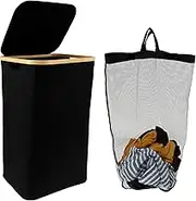 Laundry Basket 85L Slim Laundry Basket Narrow Laundry Basket with Lid Collapsible Clothes Hamper with Removable Inner Bag Thin Laundry Basket with Bamboo Handle Oxford Cloth for Bedroom Bathroom (Black)