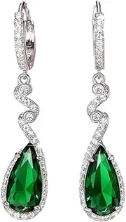 [Hebelee] Bohemian Crystal Bezel Teardrop Dangle Hoop Earrings for Women Girls Silver Plated Green CZ Rhinestone Birthstone Huggie Hoops Drop Dangling Earring Hooped Vintage Wedding Christmas Jewelry Dainty Gifts, Metal, No Gemstone