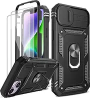 LeYi for iPhone Case 14, Case iPhone 14 with Slide Camera Cover + [2 Packs] Tempered Glass Screen Protector, 360 Full Body Military-Grade Phone Case with Kickstand for iPhone 14, Black