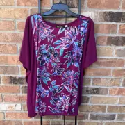 Bob Mackie Wearable Art Top Womens Large Mauve Floral Jersey Knit Stretch Blouse